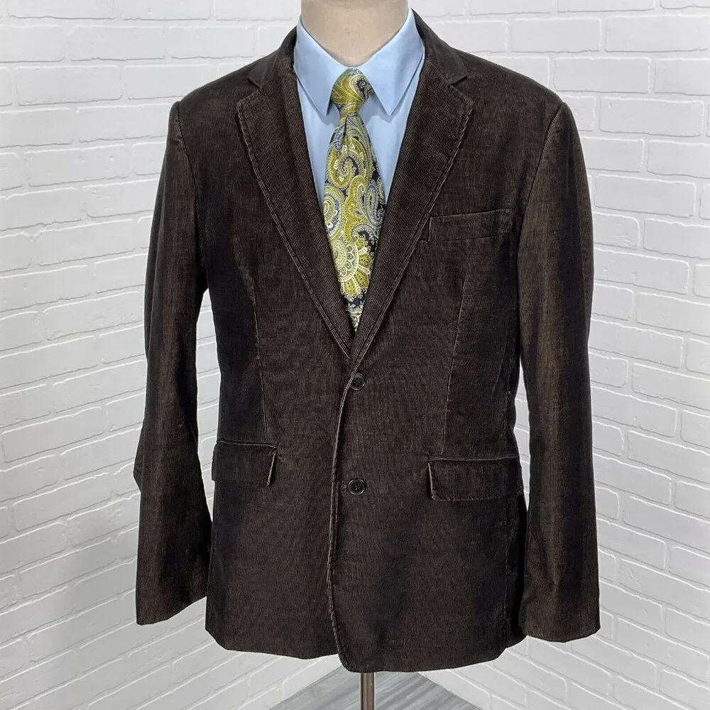 Blue Pronto‎ Uomo Blazer Men Large Black Tan Corduroy Retro Rock Casual Jacket